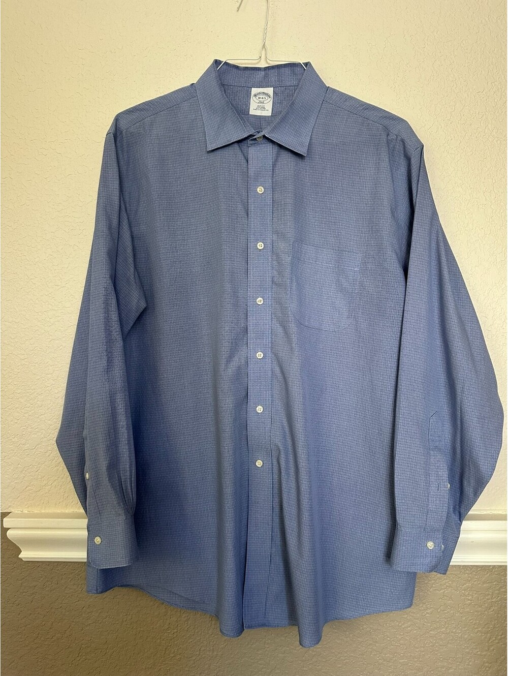 Brooks Brothers 346 Men's 18 34/35 Slim Fit Non-Iron Dress Shirt Blue Check